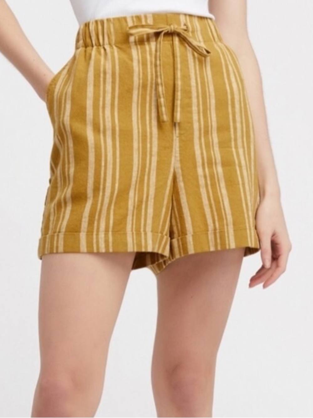 Uniqlo Mustard and Cream Striped High-Waist Shorts